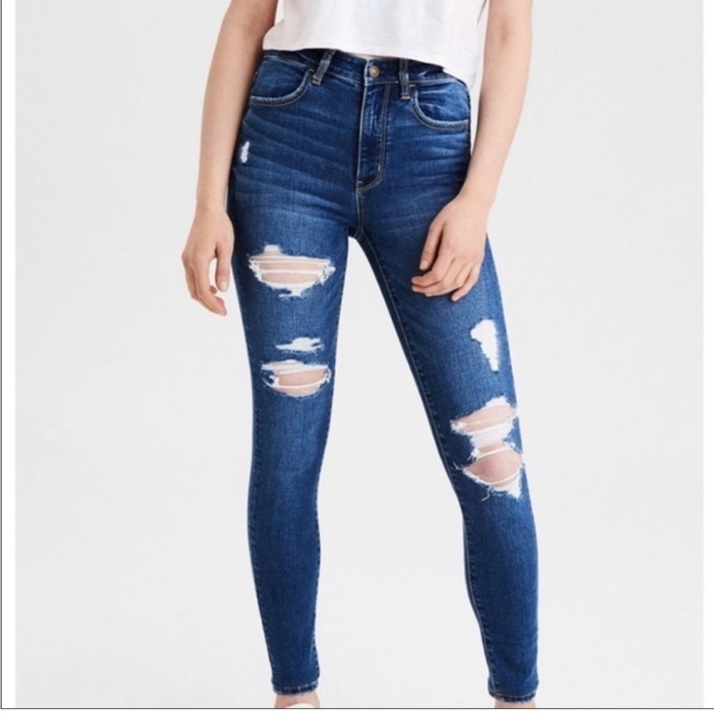 American Eagle Distressed Stretch Super Hi Rise Jeggings Dark Wash 4